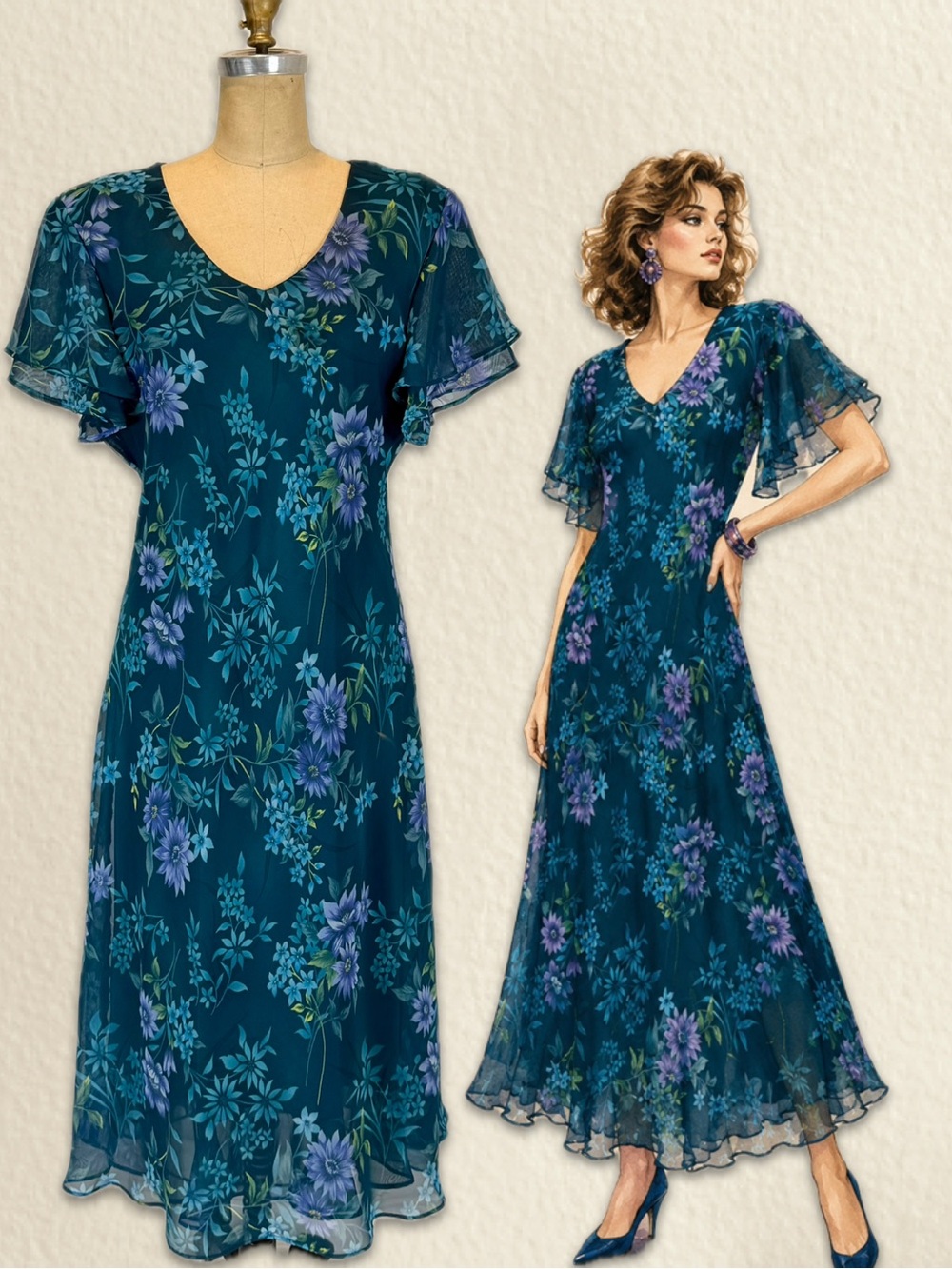 VINTAGE 90s watercolor ocean floral dress flutter sleeve midi sheer chiffon